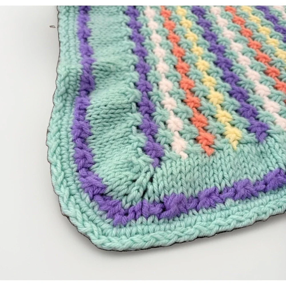 Vintage Handmade Pastel Daisy Star Stitch Knit Baby Blanket Blanket